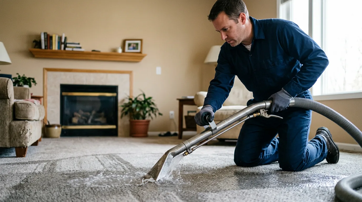 Water damage restoration technician working near Plano, IA